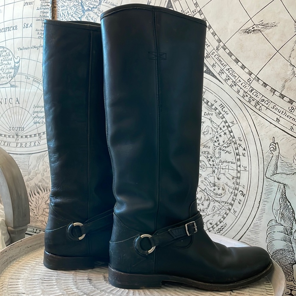 Frye Phillip Ring Tall Boots Women’s Size 8 1/2 B Riding Moto Black Leather EUC